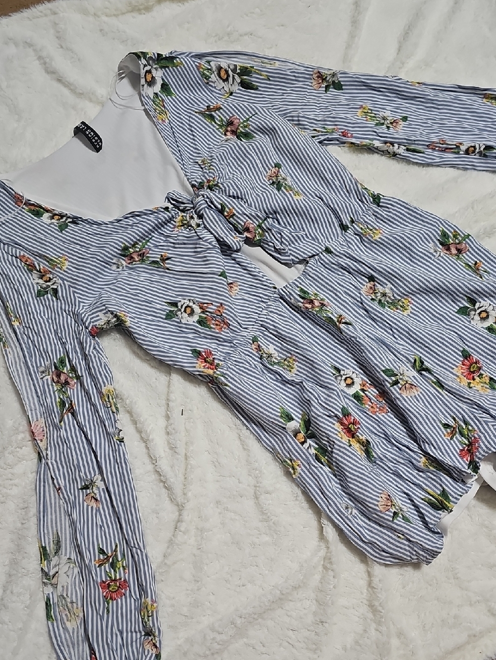 Design Lab Lord&Taylor,Blue Stripe Floral Tie-Front Blouse